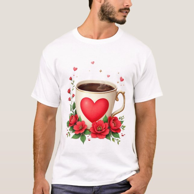 It Is Coffee Time With Mug And Red Hearts T-Shirt (Vorderseite)