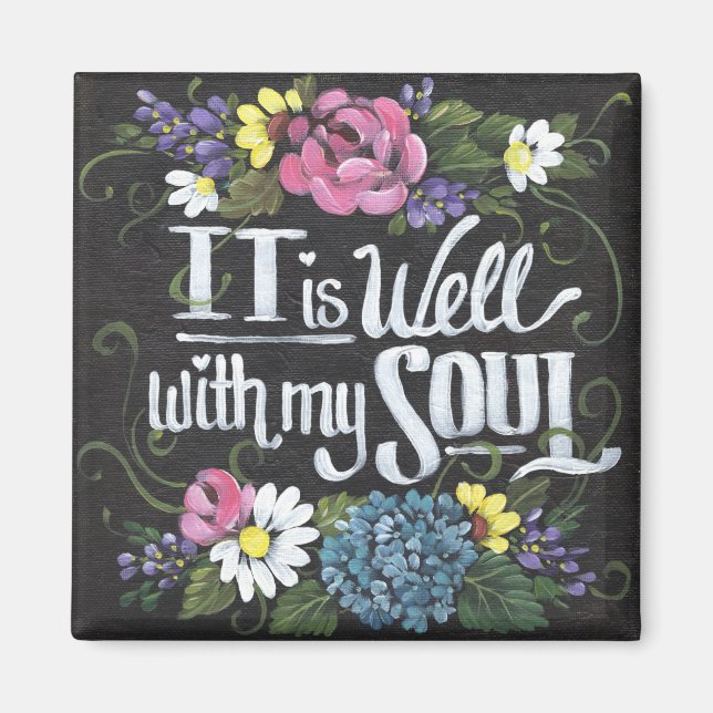 "It is Well" 2" Black Floral Square Magnet (Vorne)
