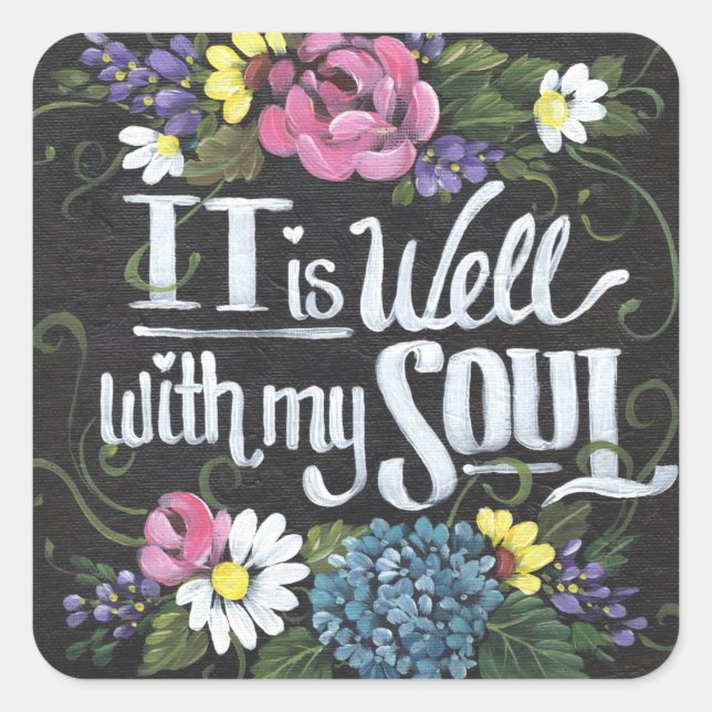"It is Well" Square Black Floral Stickers (Vorderseite)