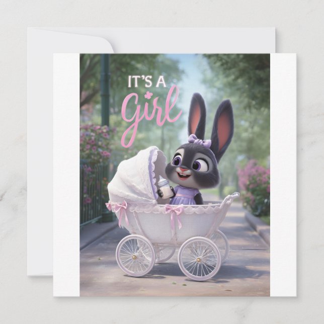 It’s a Girl: Baby Bunny in Pink Lace Stroller Ankündigung (Vorderseite)