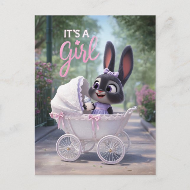 It’s a Girl: Baby Bunny in Pink Lace Stroller Ankündigungspostkarte (Vorderseite)