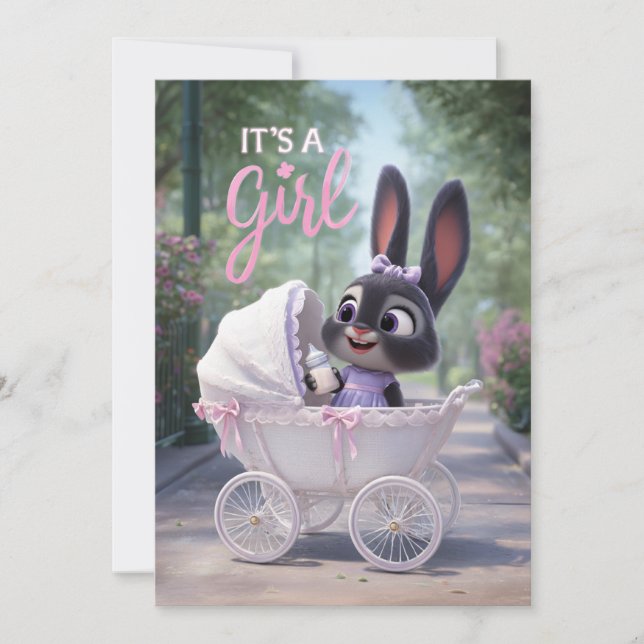 It’s a Girl: Baby Bunny in Pink Lace Stroller Einladung (Vorderseite)