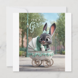 It’s a Girl Baby: Cute Bunny in Green Stroller Ankündigung