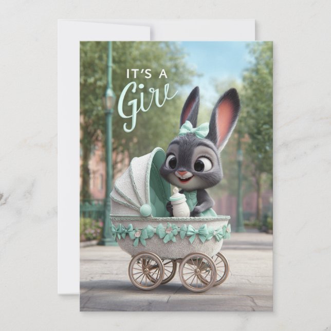 It’s a Girl Baby: Cute Bunny in Green Stroller Einladung (Vorderseite)
