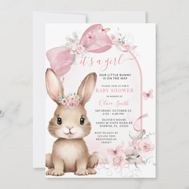 It’s a Girl Bunny Pink Bow Baby Shower Invitation Einladung (Vorderseite)