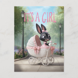 It’s a Girl: Cute Baby Bunny Pink Vintage Stroller Ankündigungspostkarte