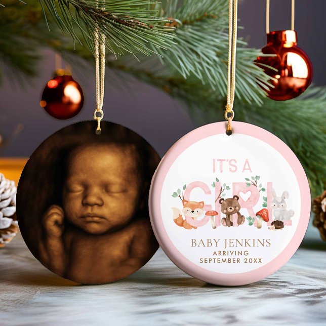 It’s a Girl Woodland Sonogram Photo Christmas Keramik Ornament (It's a Girl sonogram photo christmas ornament)