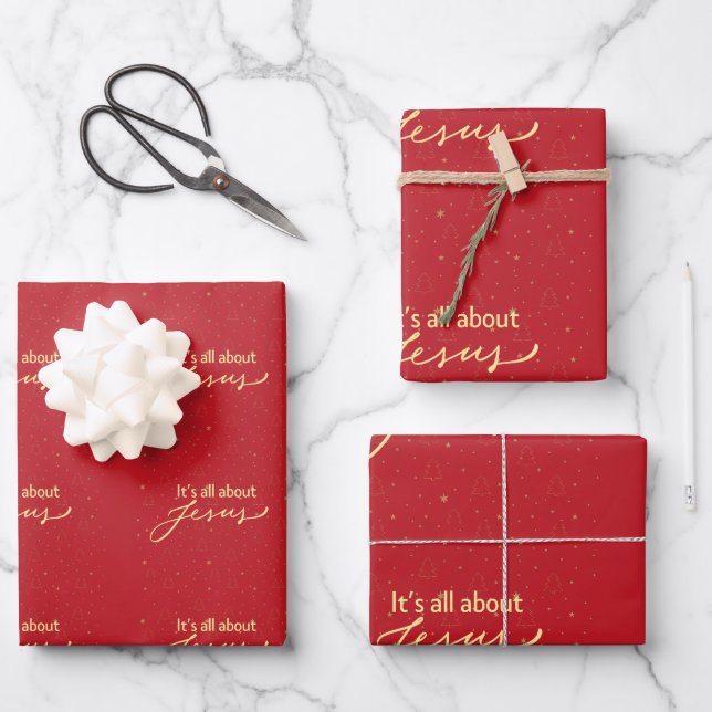 It’s All About Jesus – Red & Gold Christmas  Geschenkpapier Set (Vorderseite)