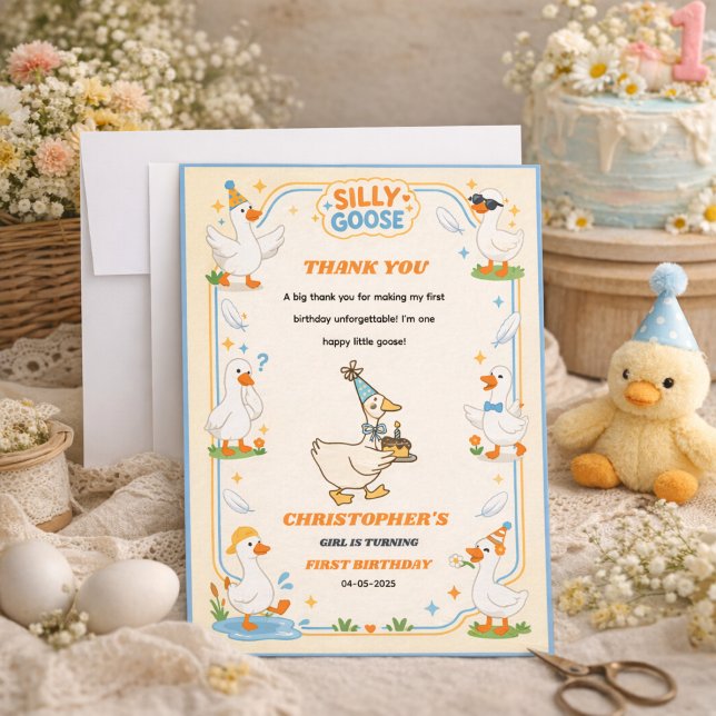 It’s ONE Silly Goose Retro 1st Birthday Fun Modern Dankeskarte (It’s ONE Silly Goose Retro 1st Birthday Fun Modern Party Thank You Card)