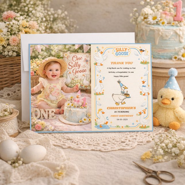 It’s ONE Silly Goose Retro 1st Birthday Fun Modern Dankeskarte (It’s ONE Silly Goose Retro 1st Birthday Fun Modern Party Thank You Card)