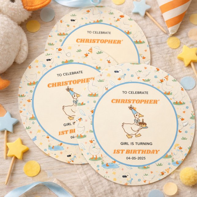 It’s ONE Silly Goose Retro 1st Birthday Fun Modern Runder Aufkleber (It’s ONE Silly Goose Retro 1st Birthday Fun Modern Classic Round Sticker)
