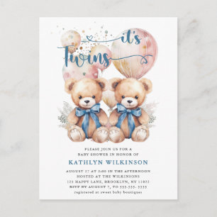 IT S TWINS Blue Balloons Teddy Bears Baby Dusche Einladungspostkarte