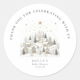 It Takes a Village Snowy Whimsical Baby Shower Runder Aufkleber