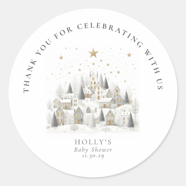 It Takes a Village Snowy Whimsical Baby Shower  Runder Aufkleber (Vorderseite)