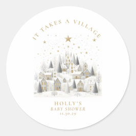 It Takes a Village Snowy Whimsical Baby Shower Runder Aufkleber