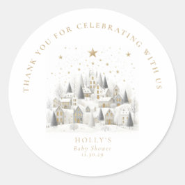 It Takes a Village Snowy Whimsical Baby Shower Runder Aufkleber