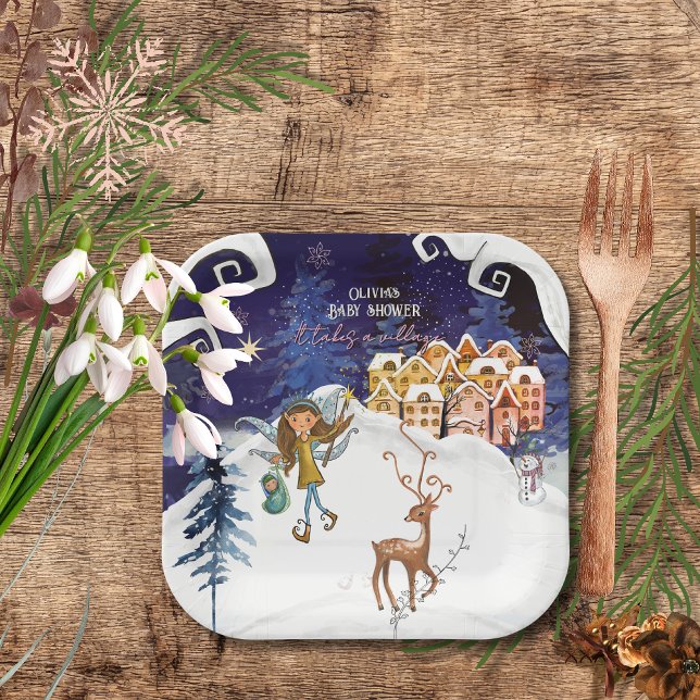 It Takes a Village Winter Fairy Girl Baby Shower  Pappteller (It Takes a Village Winter Fairy Girl Baby Shower Paper Plates)
