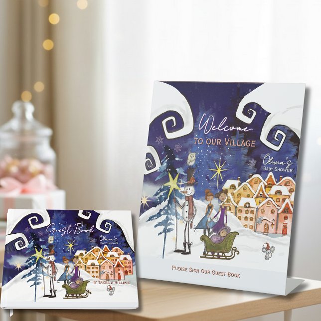 It Takes a Village Winter Welcome & Guest book Sockelschild (It Takes a Village Winter Baby Welcome & Guest book Pedestal Sign)