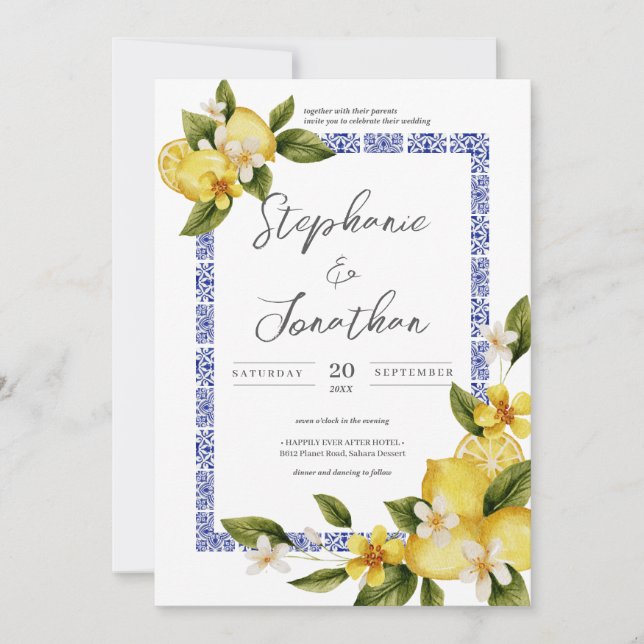 Italia Blue Watercolor Lemon Calligraphy Wedding Einladung (Vorderseite)