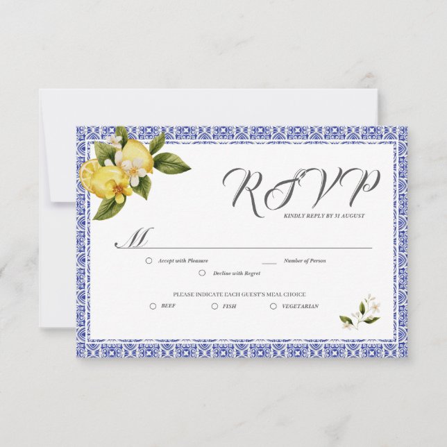 Italia Blue Watercolor Lemon RSVP Card (Vorderseite)