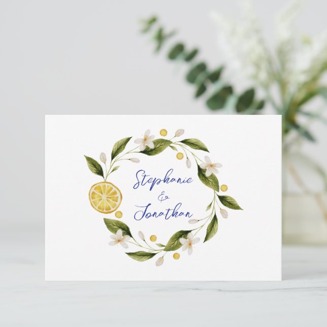 Italia Blue Watercolor Lemon RSVP Card Karte (Stehend Vorderseite)