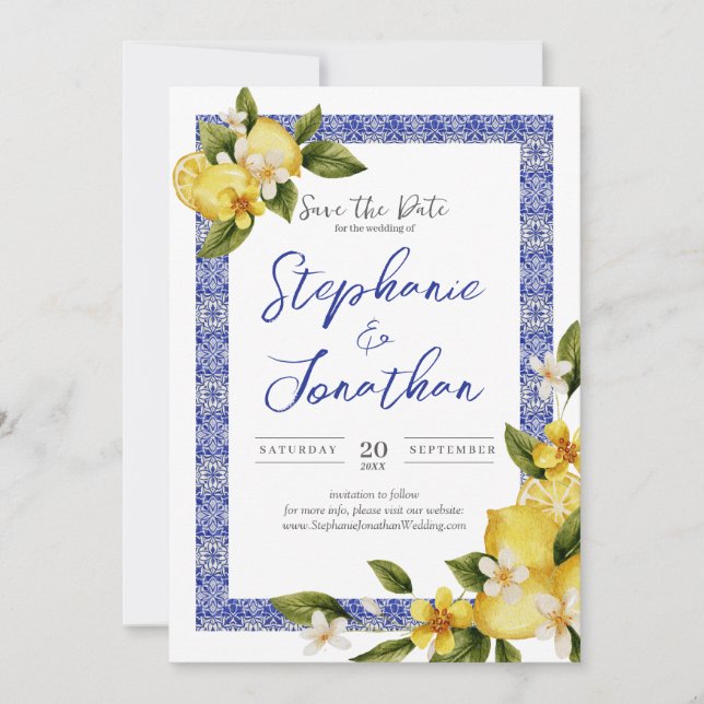 Italia Blue Watercolor Lemon Save the Date Card (Vorderseite)