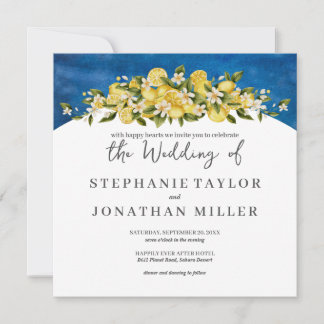 Italia Blue Watercolor Lemon Square Wedding Einladung