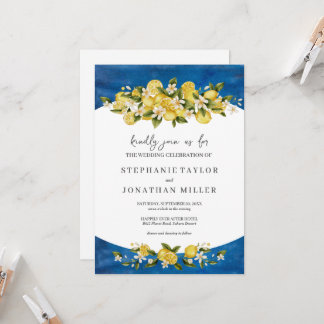 Italia Blue Watercolor Lemon Wedding Einladung