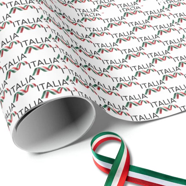 Italia Curly Ribbon  Geschenkpapier (Italia Black San Serif with Flag of Italy Curly Ribbon Repeat Wrapping paper)