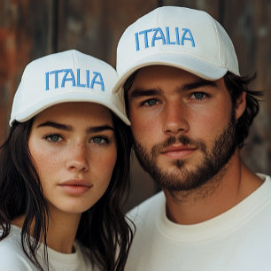 Italia oder Italy Weiße Mütze mit blauer Stickerei Bestickte Baseballkappe