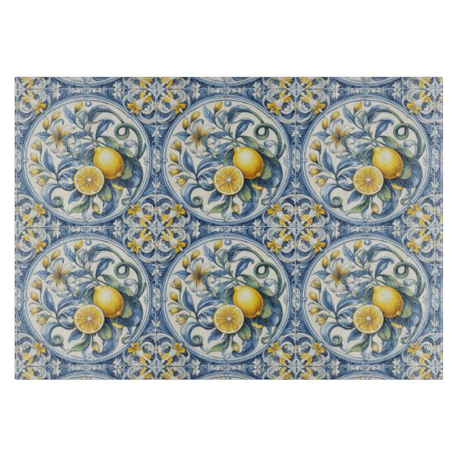 Italian Amalfi blue white tiles lemons Schneidebrett (Vorderseite)