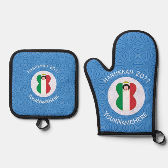 Italian Angel Hanukkah Flag Personalized  Ofenhandschuh & Topflappen-Set (Vorderseite)