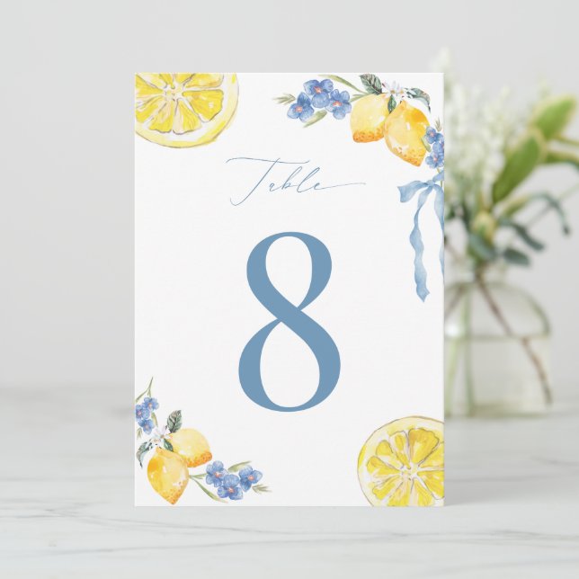 Italian Blue Bow Lemon Wedding 5x7 Table Number Einladung (Stehend Vorderseite)