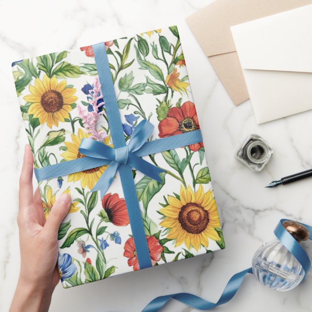 Italian Blue Red Yellow Sunflowers Floral Birthday Geschenkpapier (Schenken)