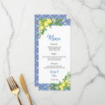 Italian Blue Til Lemon Wedding Reception menu Menükarte<br><div class="desc">Our Blue Tile Amalfi Coast Wedding dinner menu card is perfect for an elegant wedding. The modern rustic yet elegant design feature romantic watercolor flowers and lemons in soft tones of yellow , green, and cream white with blue accents. This menu can be used for a wedding reception, rehearsal dinner,...</div>