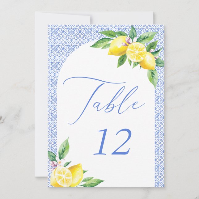 Italian Blue Tile Lemon Positano Table Number Einladung (Vorderseite)