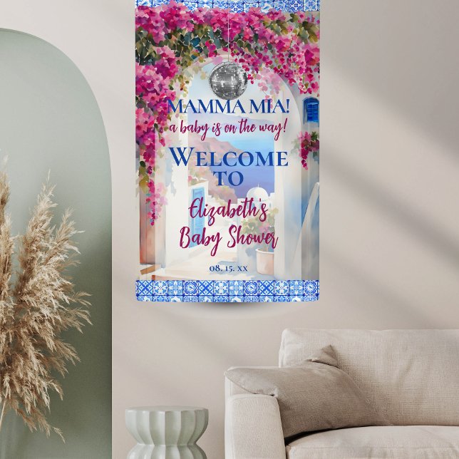 Italian Blue Tile Pink Flowers Mamma Mia Party Banner (Von Creator hochgeladen)