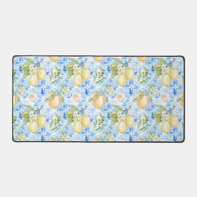 Italian Blue Tile Yellow Citrus Watercolor Schreibtischunterlage (Vorderseite)