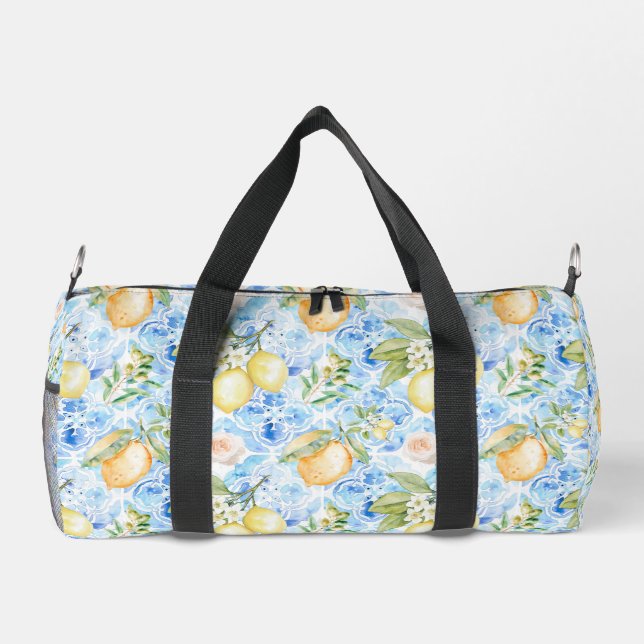 Italian Blue Tile Yellow Lemon Watercolor Duffle Bag (Rückseite)