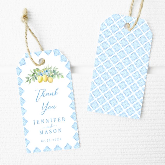 Italian Blue Tiles Lemon Coastal Wedding Vielen Da Geschenkanhänger (Von Creator hochgeladen)
