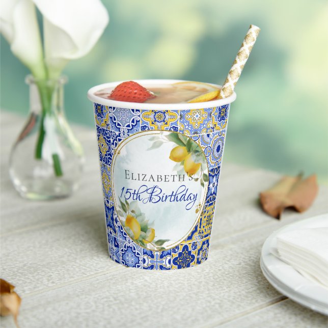 Italian Blue Tiles Lemons Gold Glitzer Frame Party Pappbecher (In Situ)