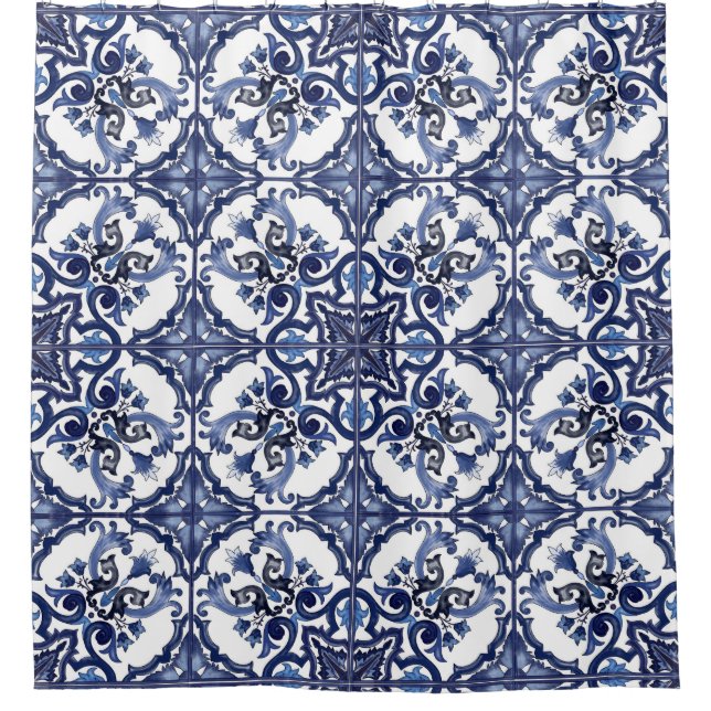 Italian Blue & White Sicilian Majolica Tiles Duschvorhang (Vorderseite)