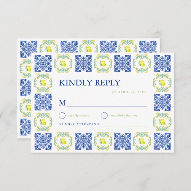 Italian Blue & Yellow Lemon Tile Wedding RSVP Karte (Vorne/Hinten)