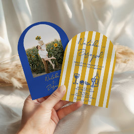 Italian Blue Yellow Written Photo Arch Wedding Einladung