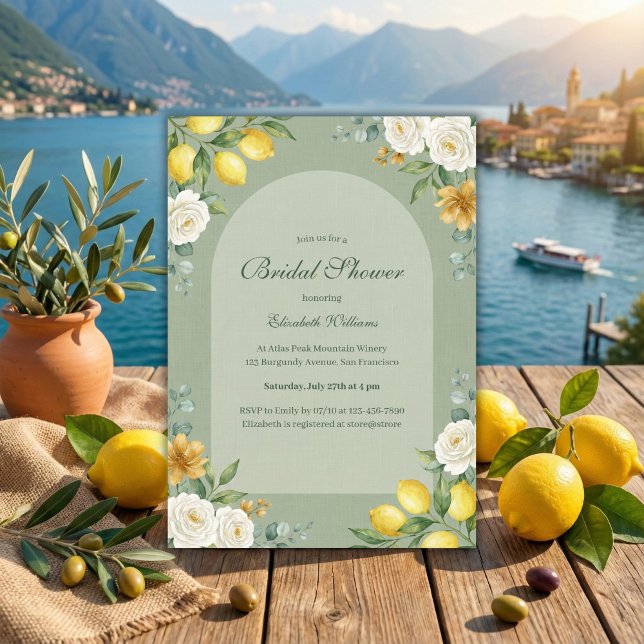 Italian Citrus Sage Green Bridal Shower Einladung (Sage Green Bridal Shower – Lemons, White Roses & Eucalyptus, Arch, Personalized)