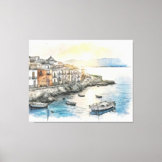 Italian coastal town boats in a watercolor sketch leinwanddruck