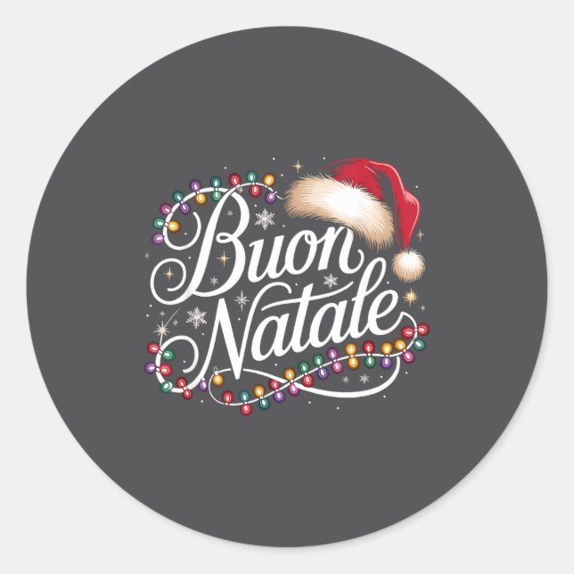 Italian Family Christmas Lights Red Santa Hat Buon Runder Aufkleber (Vorderseite)