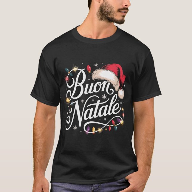 Italian Family Christmas Lights Red Santa Hat Buon T-Shirt (Vorderseite)