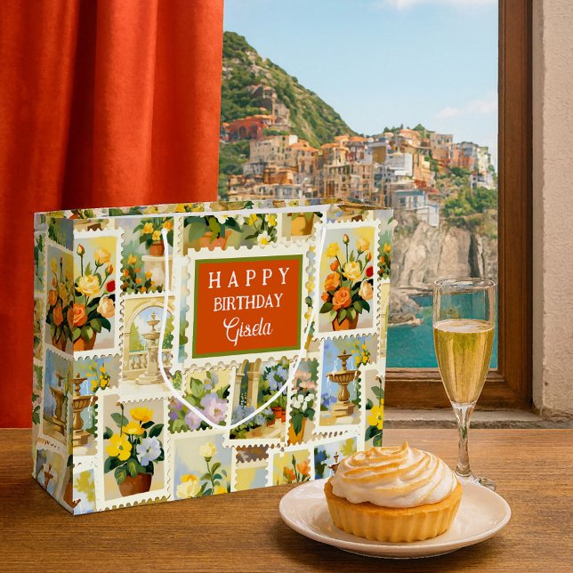 Italian Festive Pattern Gift Bag Große Geschenktüte (Large gift bag featuring a whimsical illustration of flowers and fountains in Italian style)