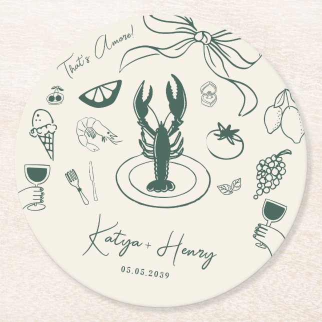 Italian Food Hand Drawn Wedding Engagement Party Runder Pappuntersetzer (Vorderseite)